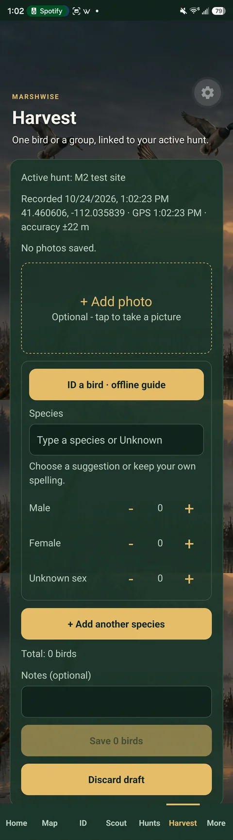 Harvest form with photos, species, and bird counts