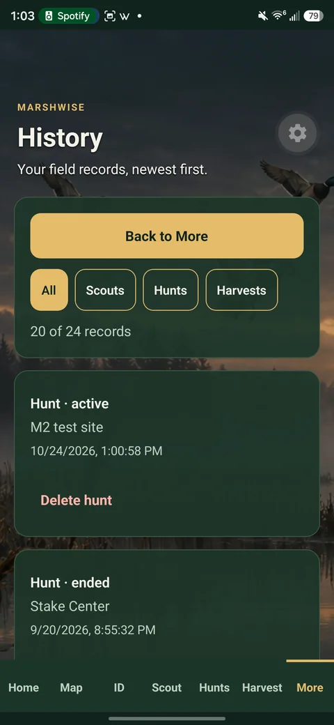 History with filters for scouts, hunts, and harvests