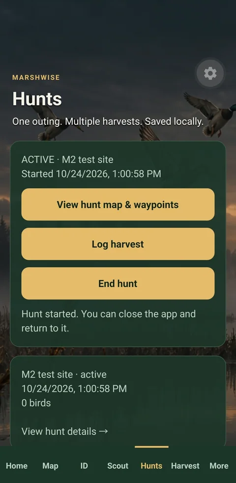 Active hunt with Log harvest and End hunt controls