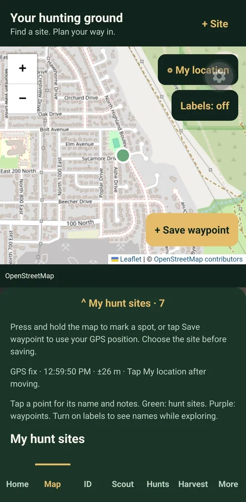 Map with saved sites and waypoint controls
